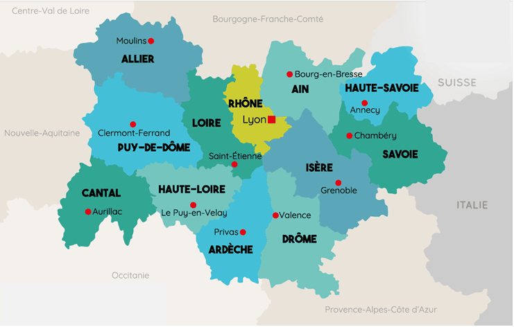 Carte des départements d'Auvergne-Rhône-Alpes