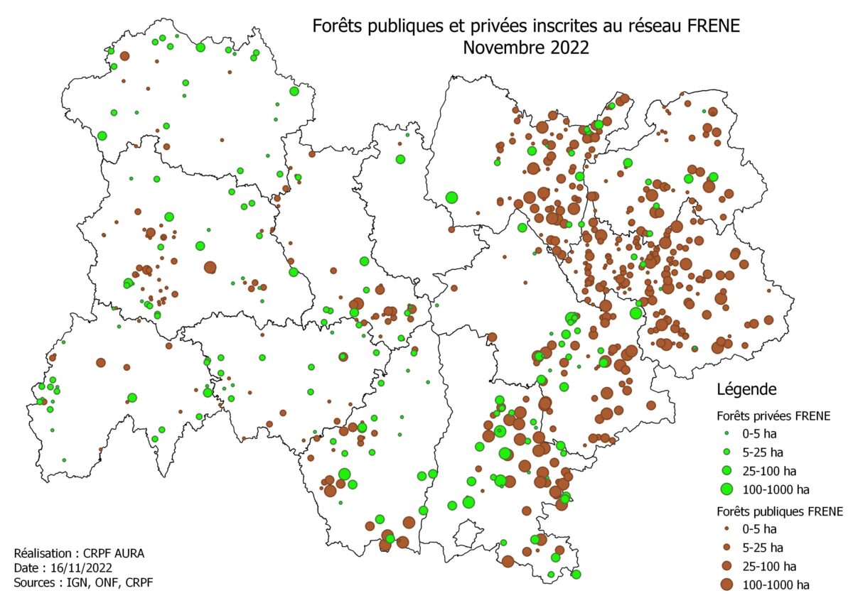 Carte régionale des sites forestiers du réseau FRENE