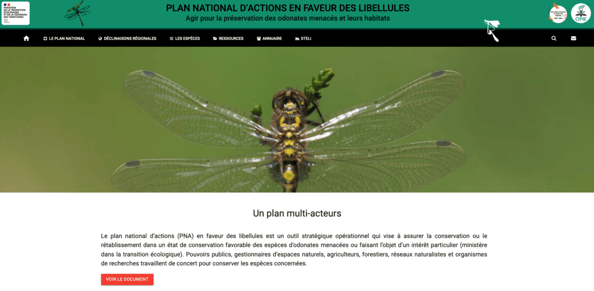 Capture d'écran du site du Plan National d'Actions Odonates