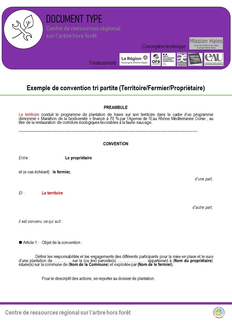 Page de couverture du modèle de convention tripartite pour la gestion des plantations de haies (territoire/fermier/propriétaire)