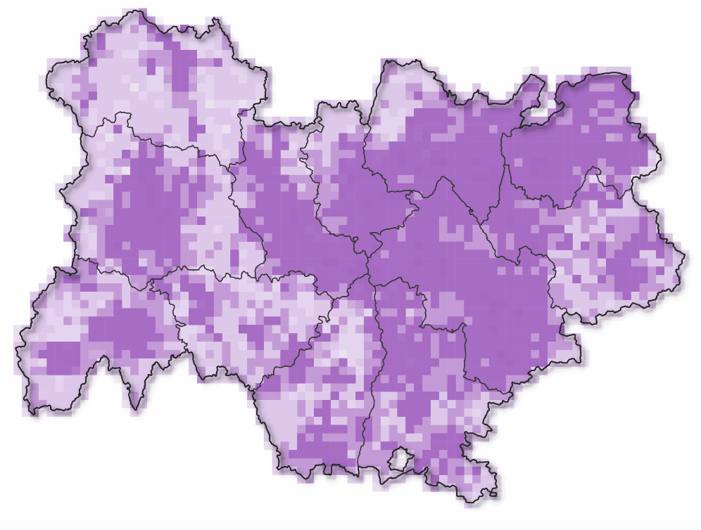 Carte de l'indice de connaissance régional, basé sur le nombre d'observations, de dates de relevés et d'espèces recensées par mailles. - version 2021