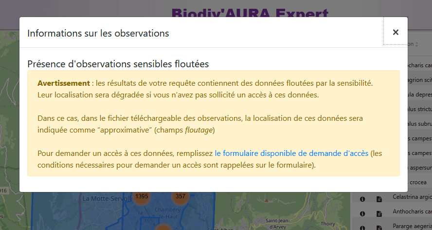 message alerte données sensibles Biodiv'AURA Expert