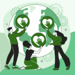 Illustration des rencontres sciences participatives : dessin de personnes prenant soint de la planète.