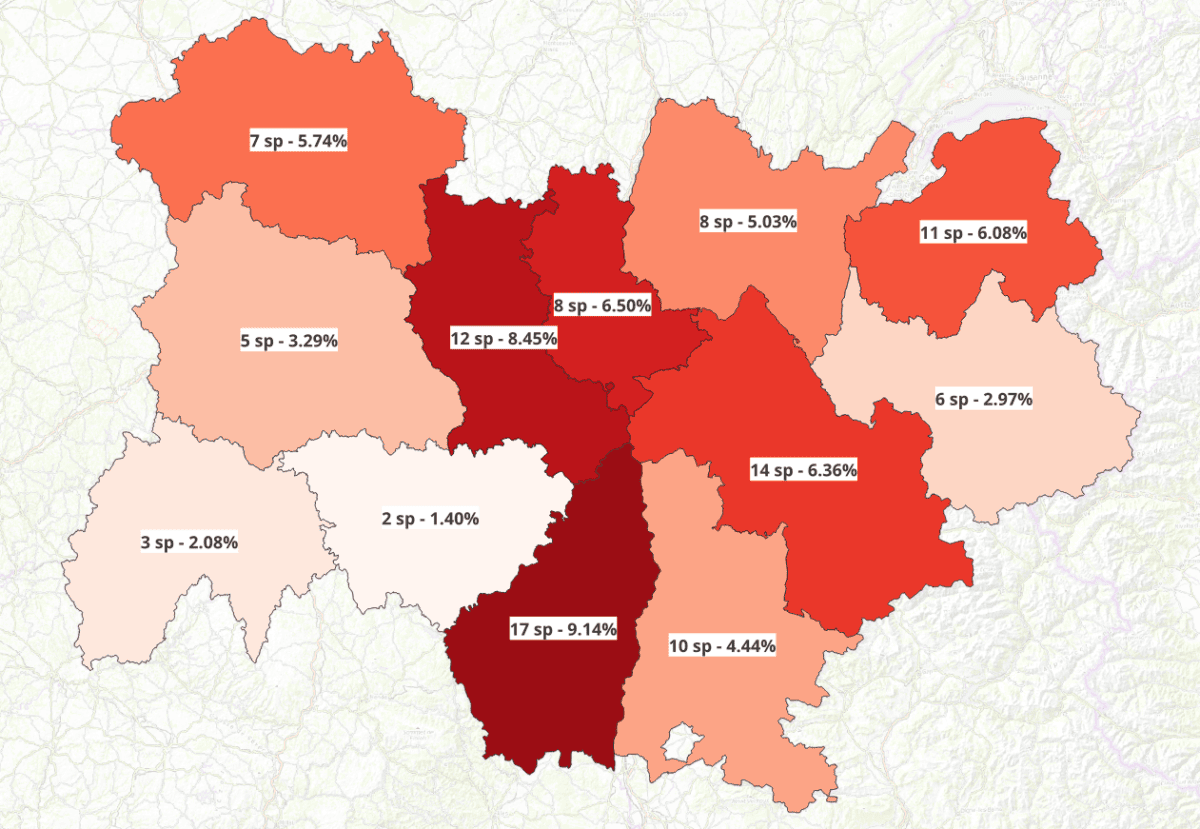 Cartographie des départements d'Auvergne-Rhône-Alpes colorés en fonction du taux de disparition des papillons de jour