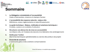Illustration (sommaire) de la présentation de Marie Lemiere lors du webinaire accessibilité des espaces naturels