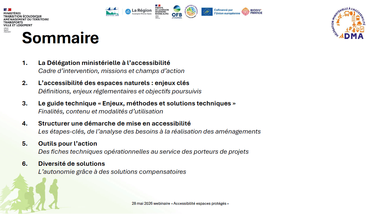 Illustration (sommaire) de la présentation de Marie Lemiere lors du webinaire accessibilité des espaces naturels